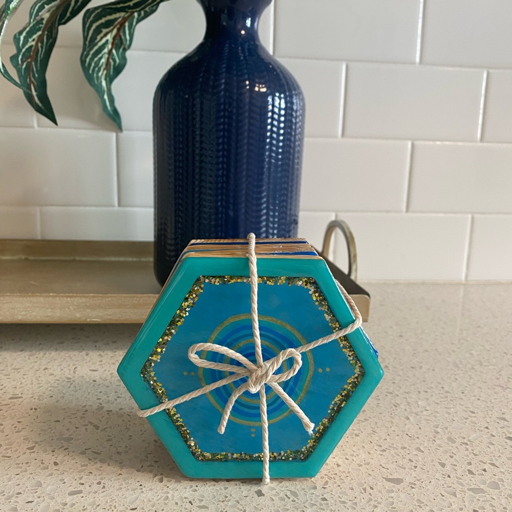 Handmade Hexagon Resin Evil Eye Coaster Set in Blue & Teal with Gold Accents - Picture 3 of 5